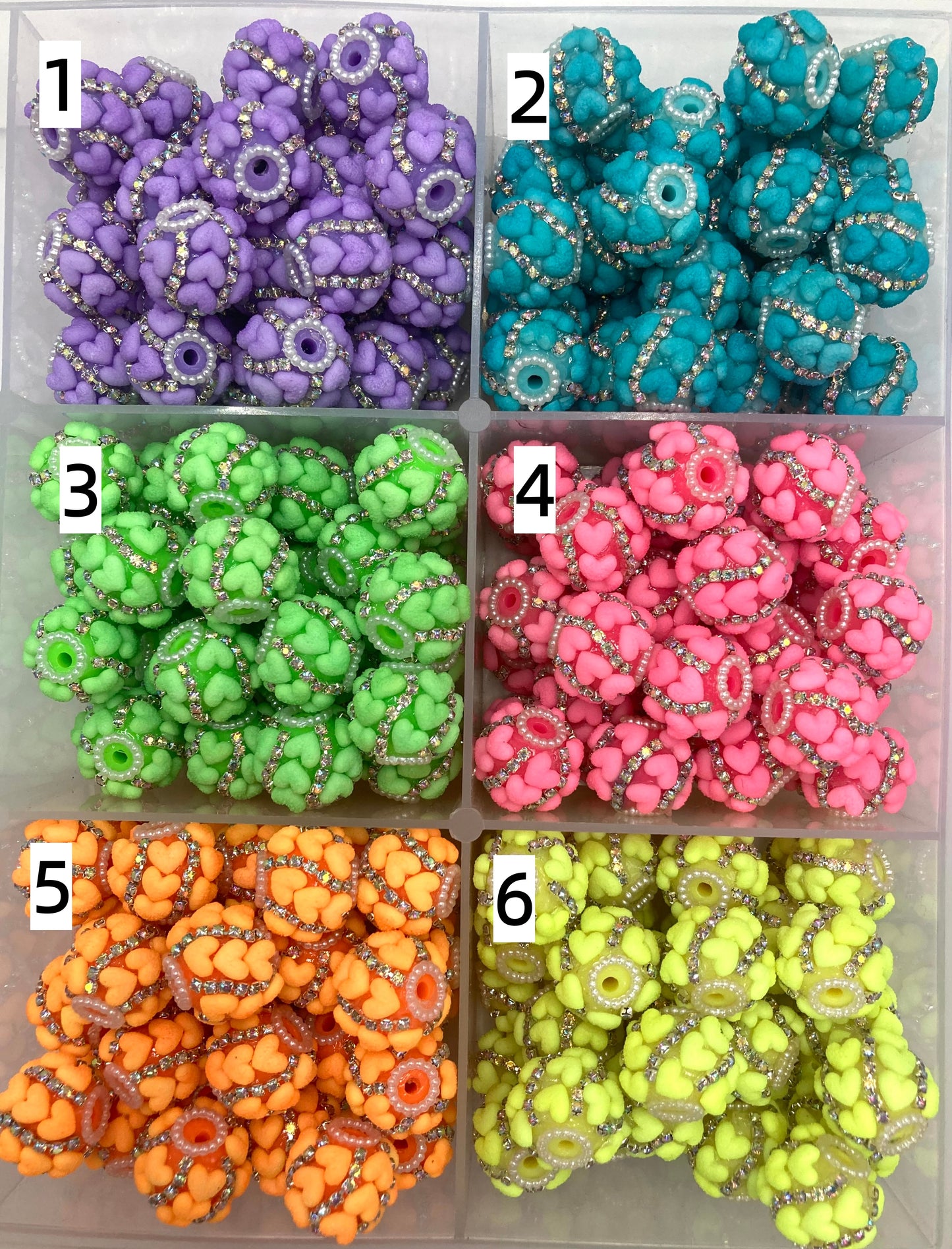 beaded beadable fuzzy heart beads neon bead heart beads with silver rhinestone chain fancy beads