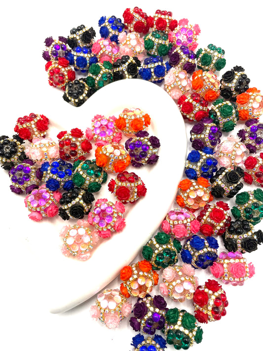 Fancy rose bead with gold color rhinestone chain and bubble clear base bead ,colored ,random mix