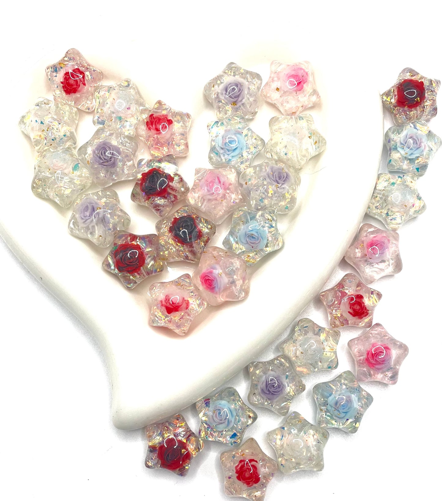 Acrylic bead star shaped with rose flower gold color foil inside ,random mix