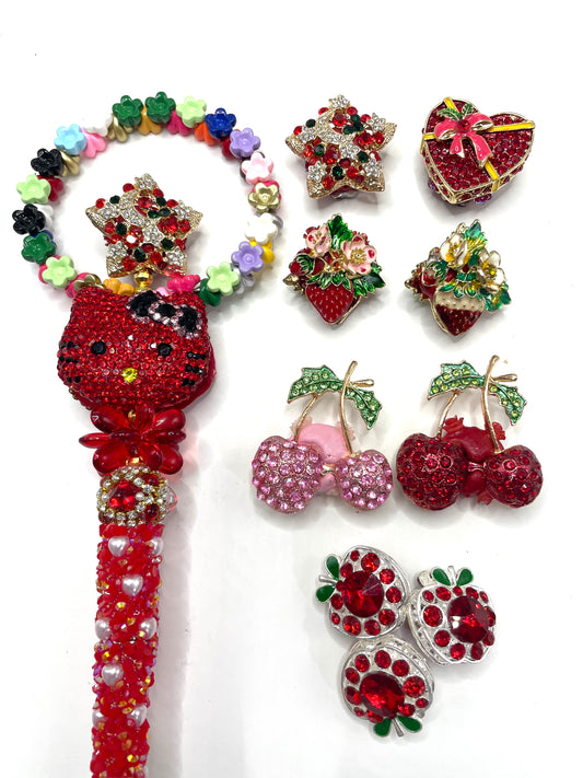 Diy beaded beadable beady heavy fancy beads strawberry beads cherry beads heart with bow star beads metallic metal beads