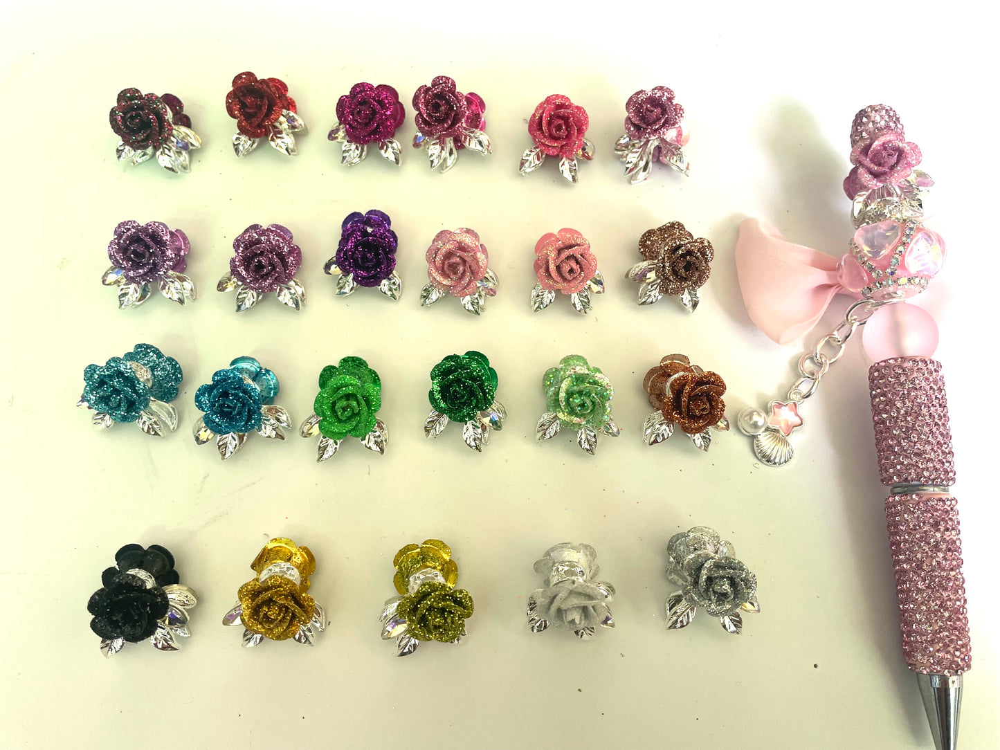 alloy metallic fancy rose flower with the glitter on petal fancy beads ,colored Random Mix