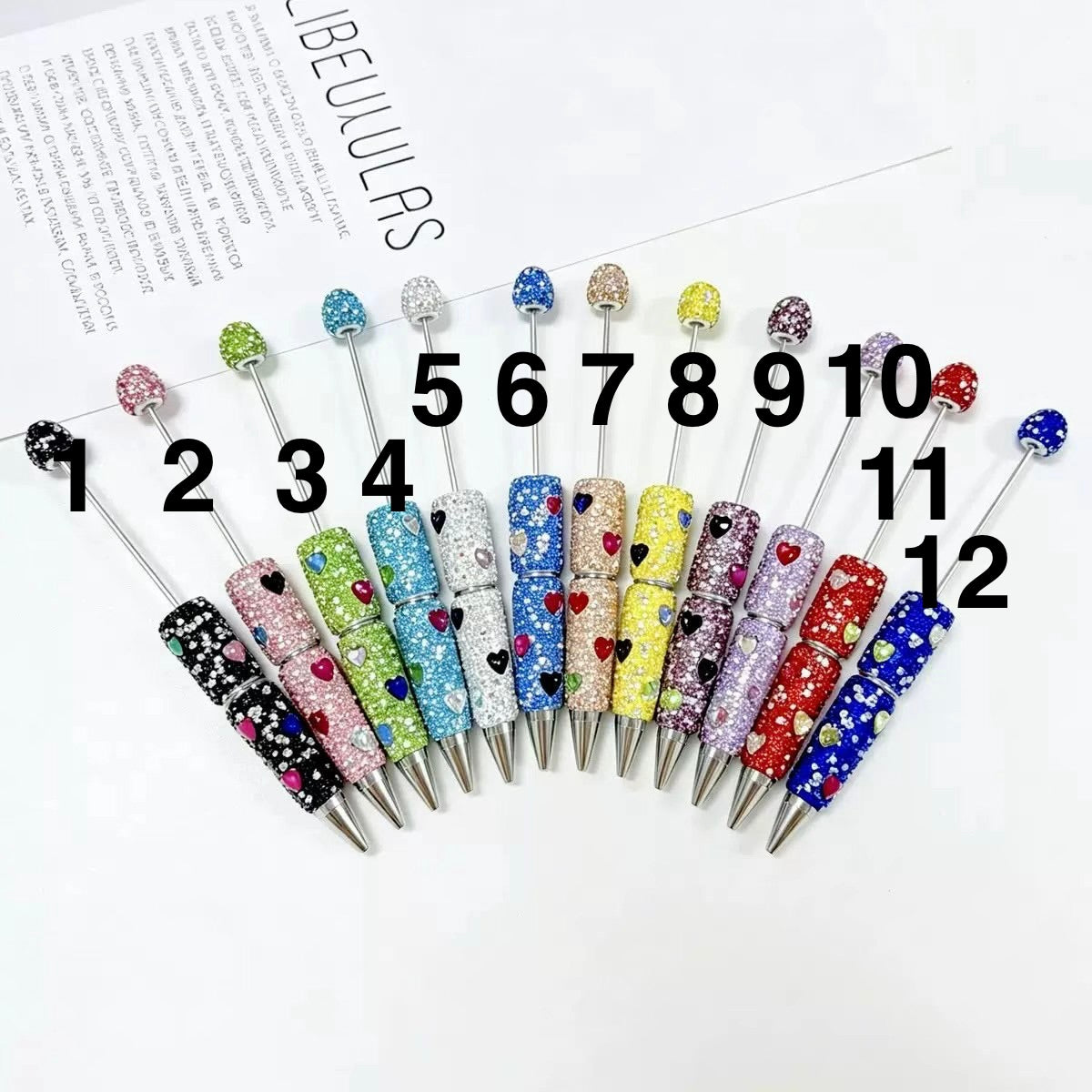#1-#12 diy beaded beadable colored  rhinestone pen orments with coloful heart rhinestone