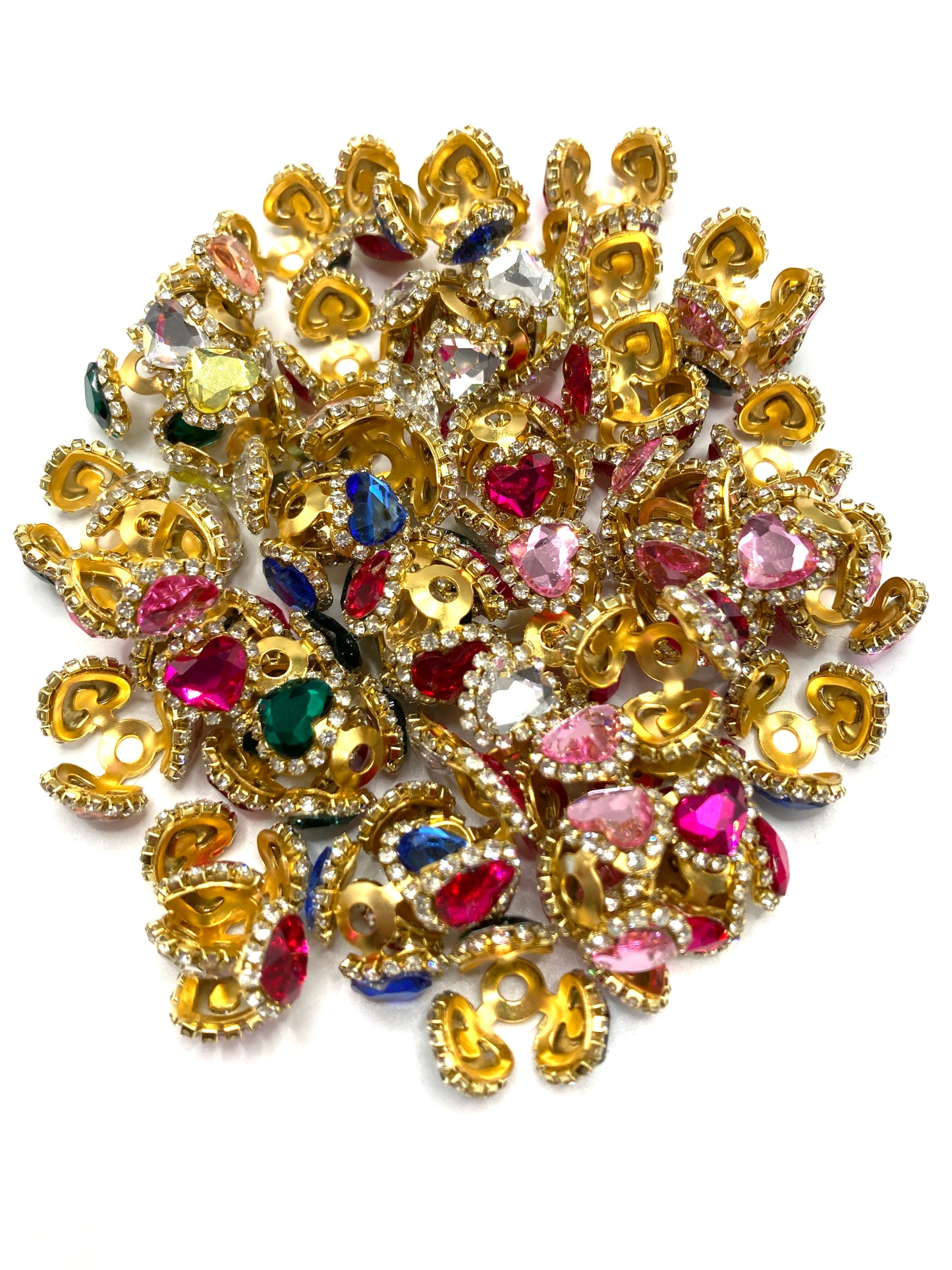 Metal spacer beads Golden multi-colored heart spacer beads bead cap spacer with rhinestone heart