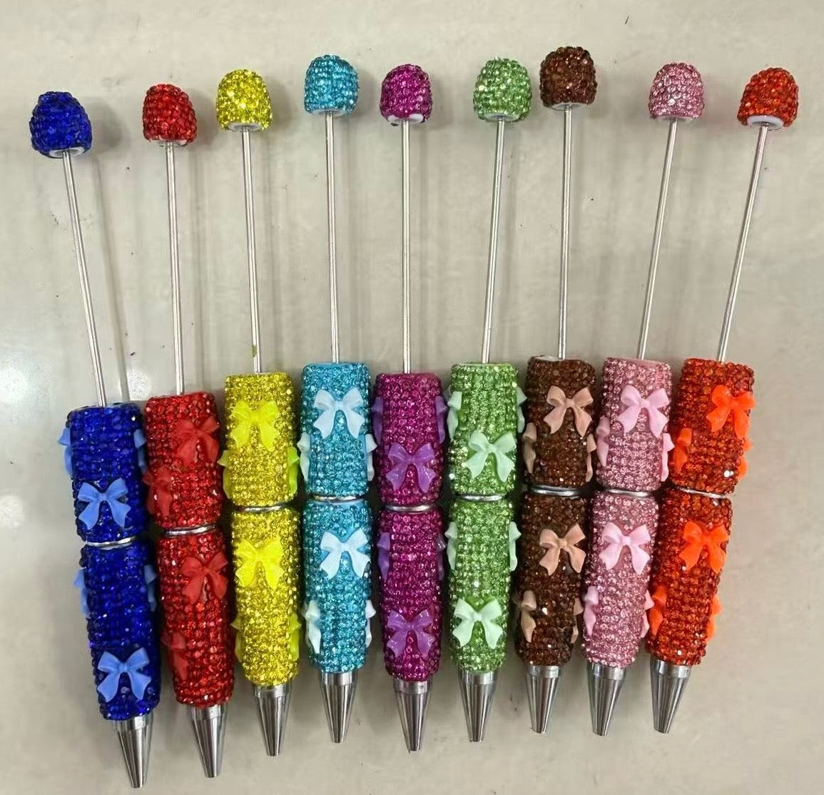 beaded beadable beady bow pen fancy clay rhinestone bow pen ornaments with acrylic bow colored random mix