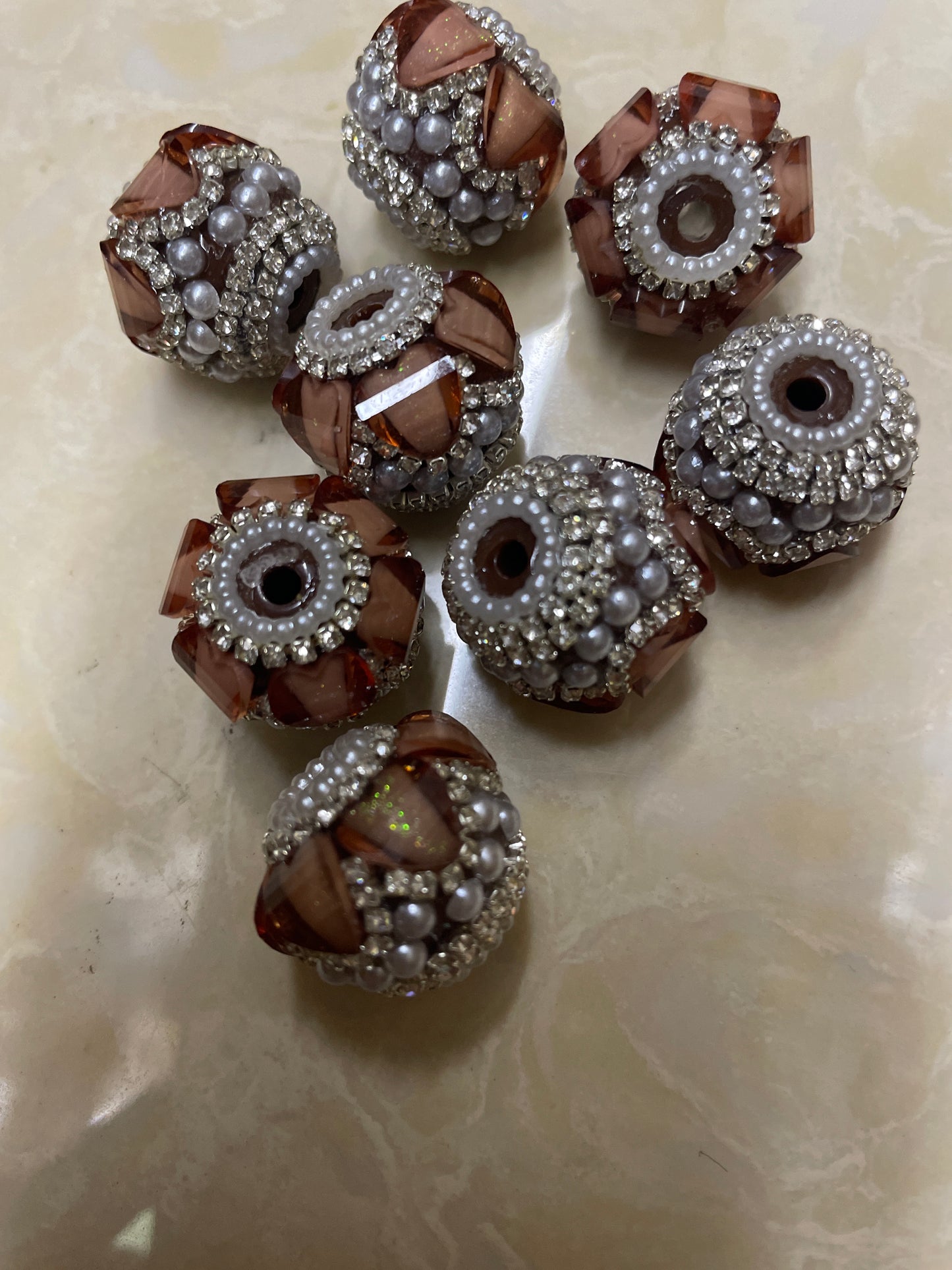 Beaded beadable fancy lantern heart beads ornaments with rhinestone silver color or gold color chain and pearl ,random mix