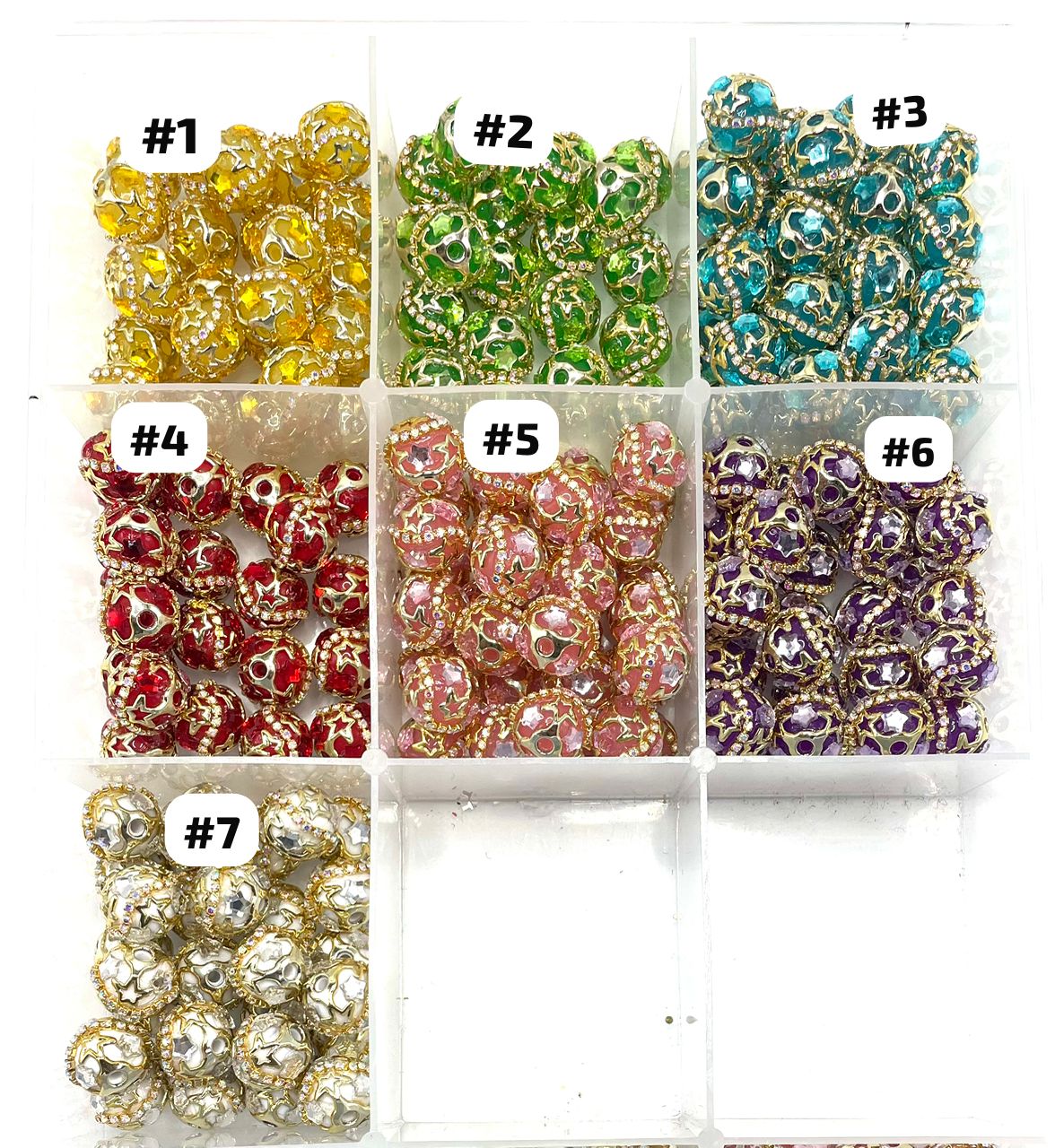 beaded beadable fancy star bead ornaments with gold color rhinestone chain and cover by metallic gold star bead cap,random mix