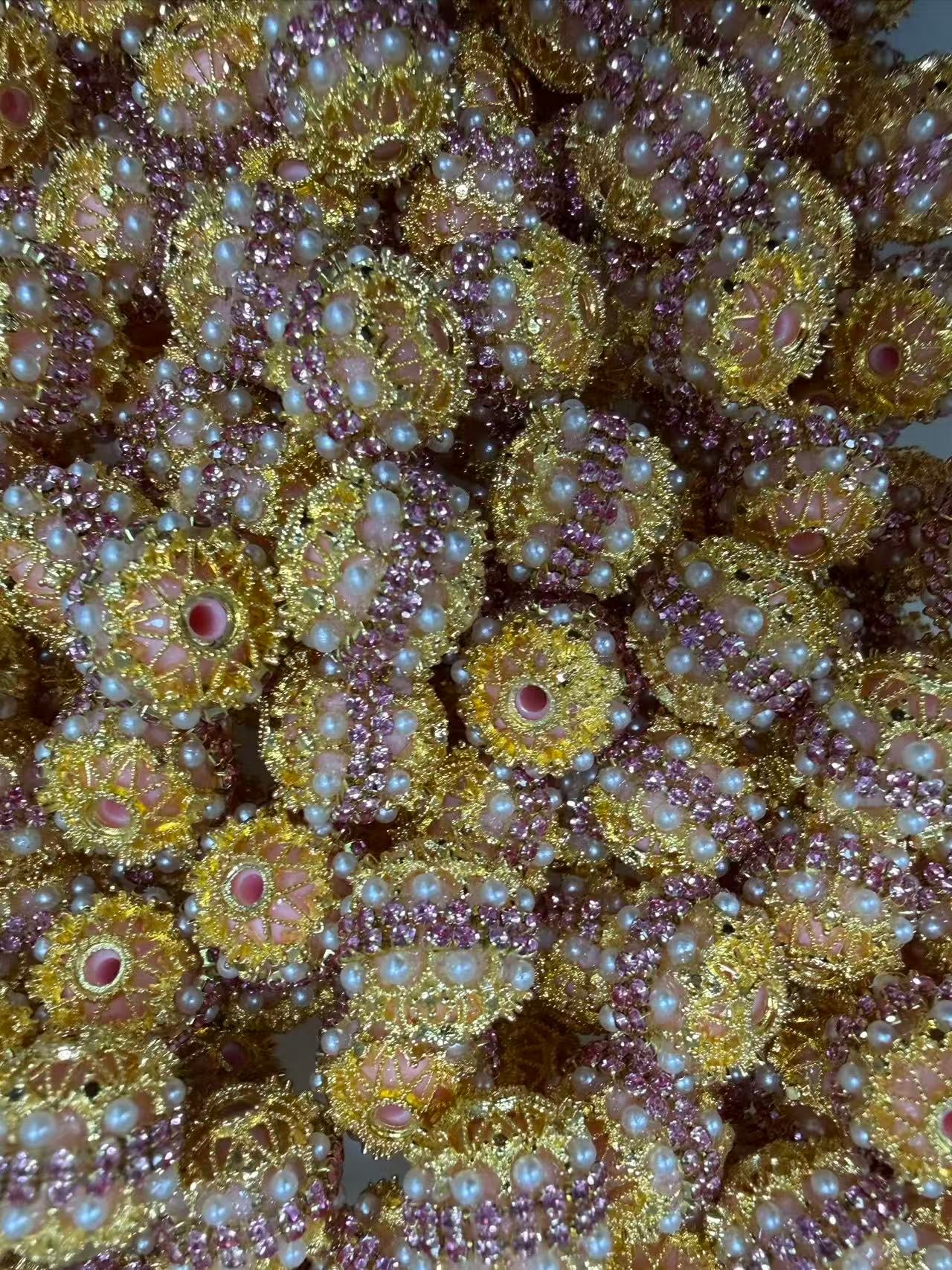 Beaded beadable metallic fancy beads ornaments with pearl and color rhinestones metallic bead cap ,random mix