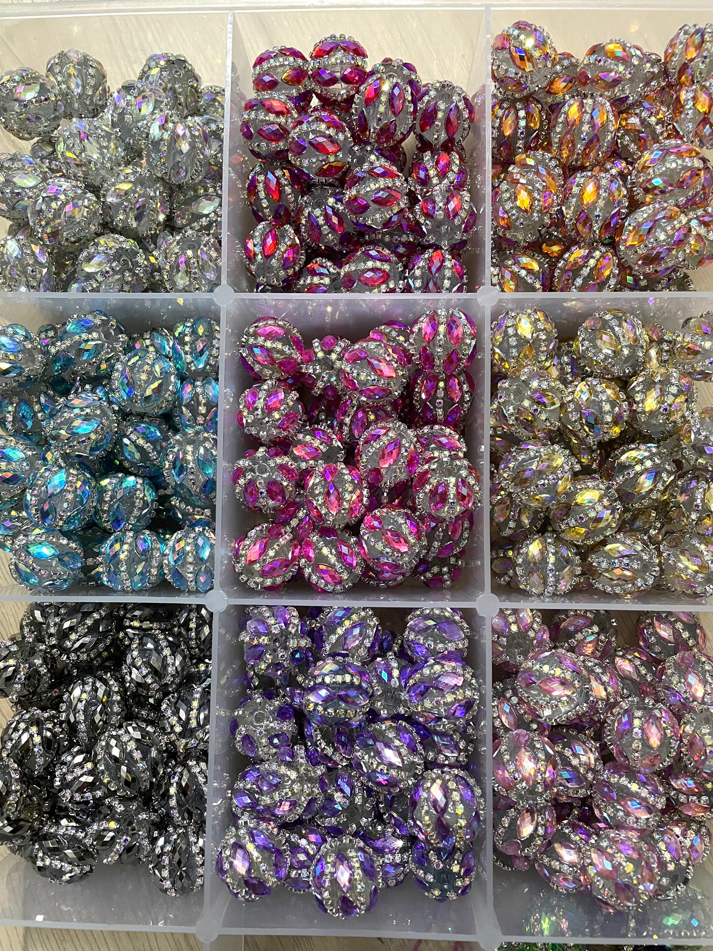 Fancy bead Beaded beadable transparent clear base bead ornaments with rhinestone chain rhombus check pattern stone ,colored,random mix