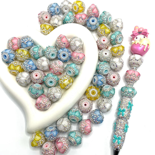 Beaded beadable fancy lantern heart beads ornaments with rhinestone silver color or gold color chain and pearl ,random mix