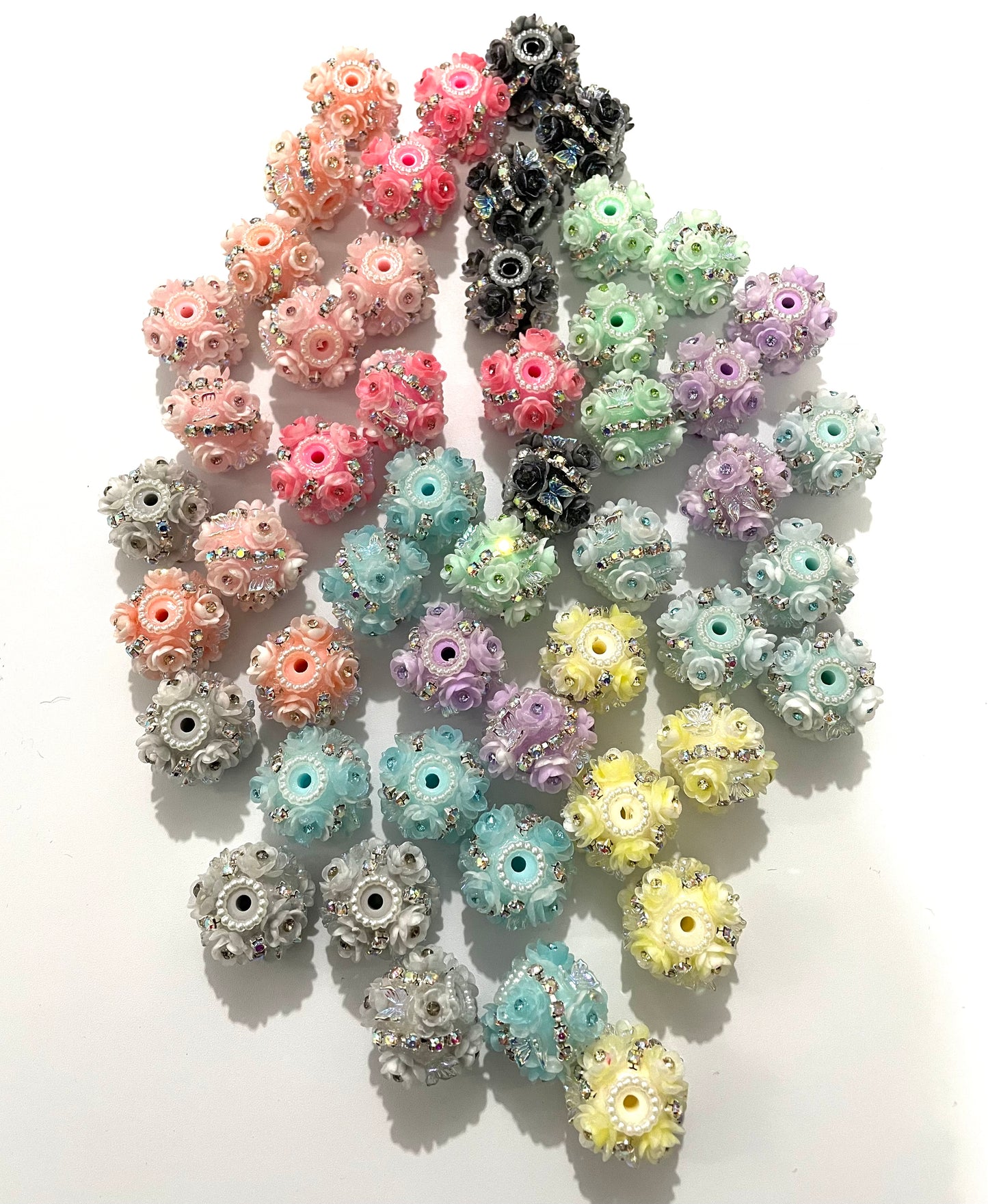 beaded beadable fancy flower ornaments with butterfly and rhinestone chain ,colored ,random mix