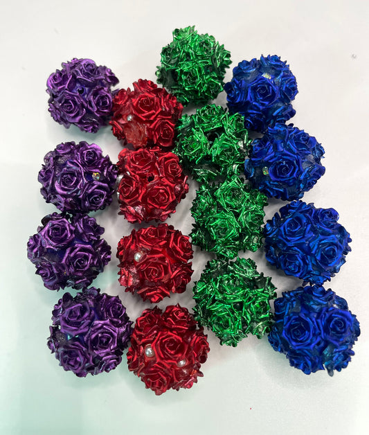 metallic looking rose flower beads ornaments with rhinestone,colored ,random mix,christmas vibe color