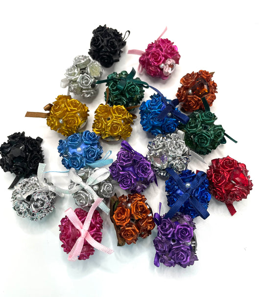 metallic looking bow flower with heart flower bead clay base bead with rose flower and bow with pearl colorful ,random mix