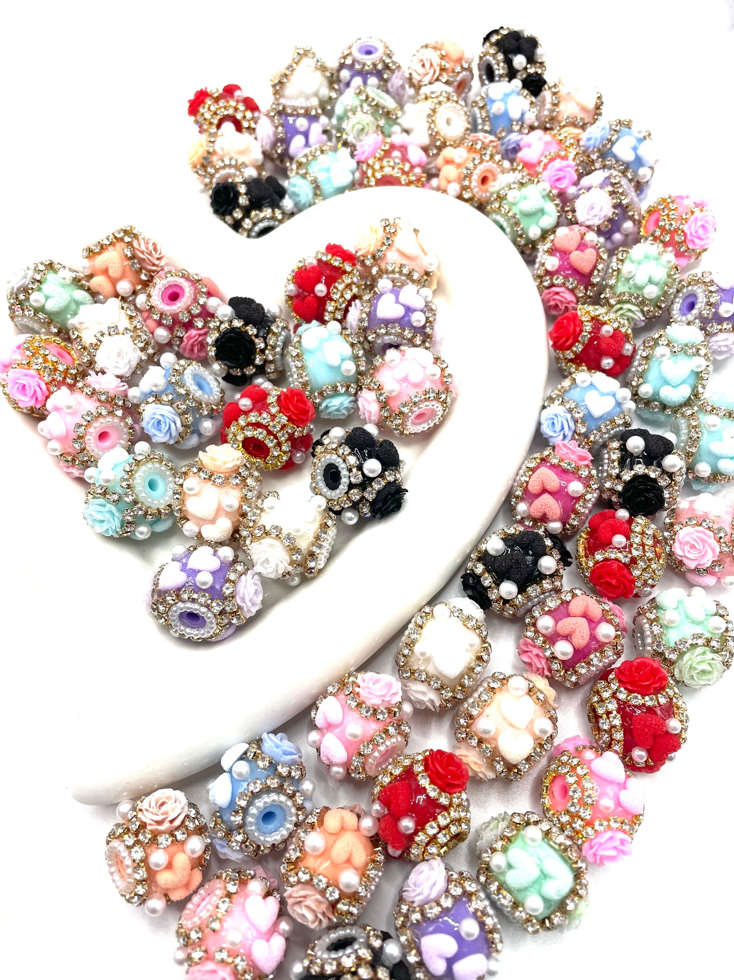 beaded beadable fancy heart beads with rose flowers ornamental with pearl and rhinestone chain,colored ,random mix