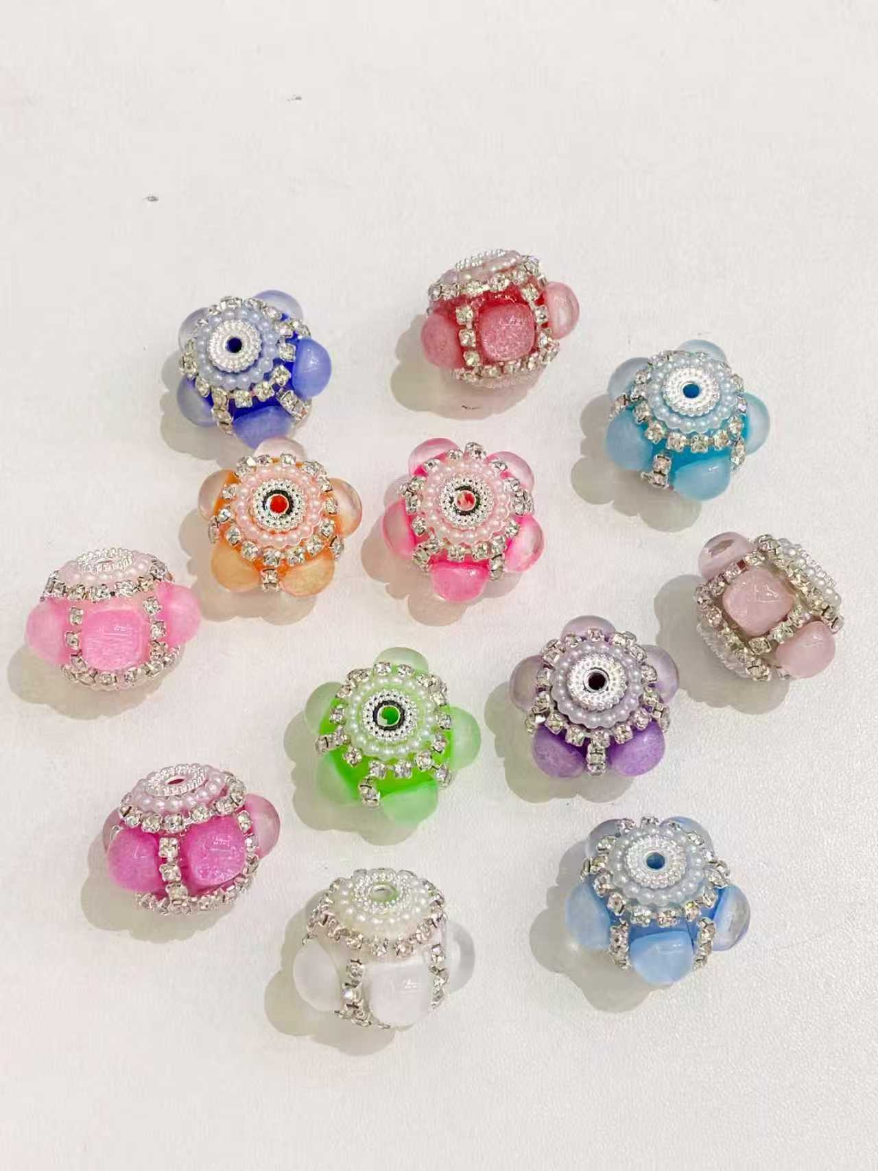 Beaded beadable fancy glitter bubble beads with silver color rhinestones and pearl random mix color