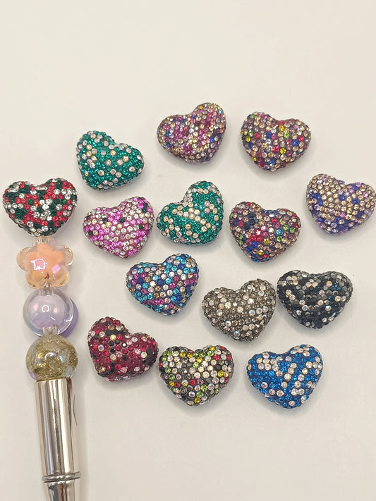 Heart Clay Beads with Diversely Rhinestones ,Random Mix，24mm by 18mm