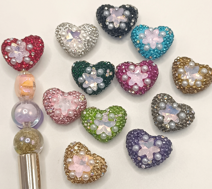 Heart Colored Clay Beads with Pearl Rhinestone and star Crystal,Random Mix,20mm by 24mm