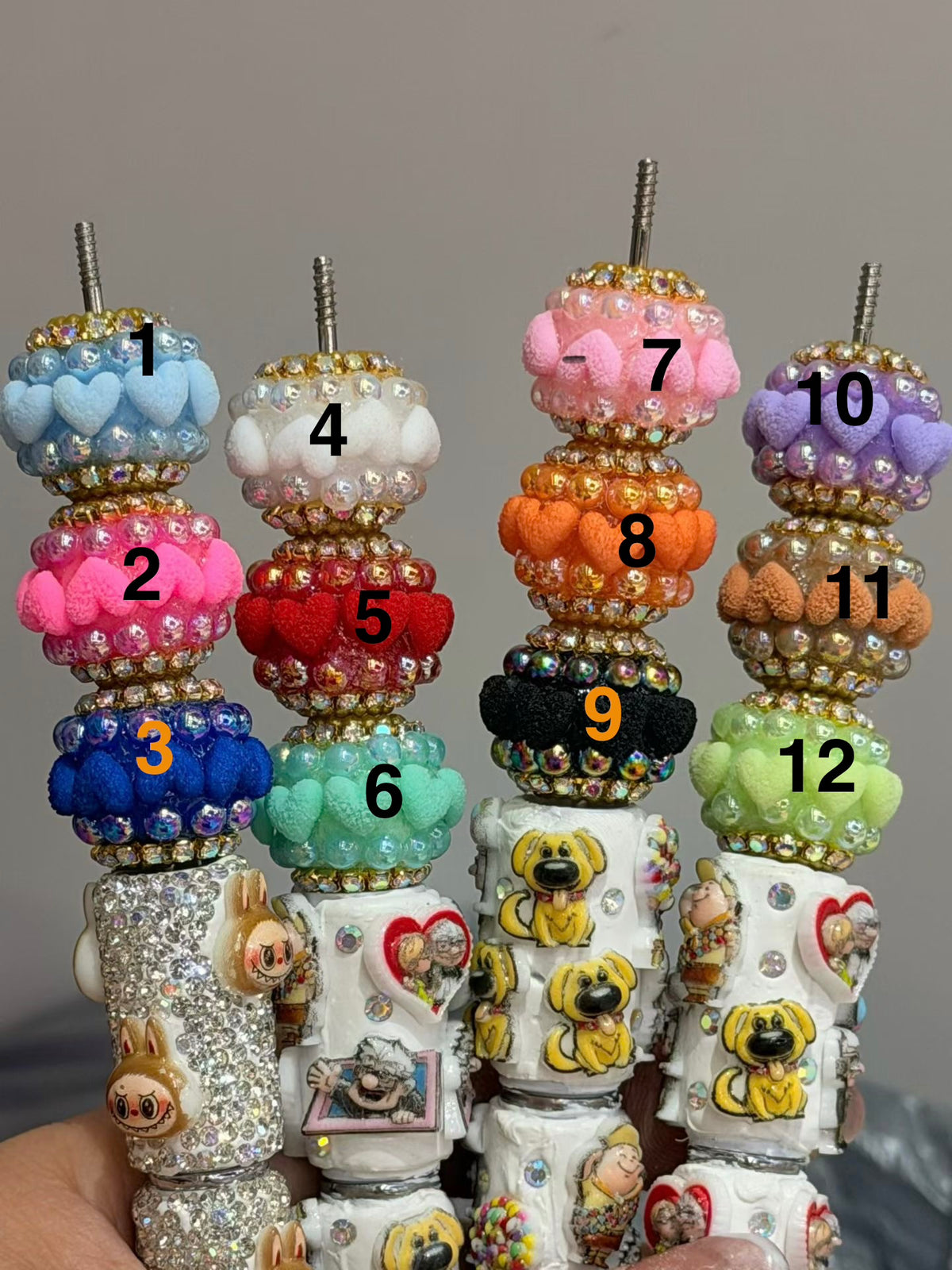 DIY beaded beadable fancy beads ornaments with fuzzy flocked heart shaped  and pearl and golden color  rhinestones,random mix