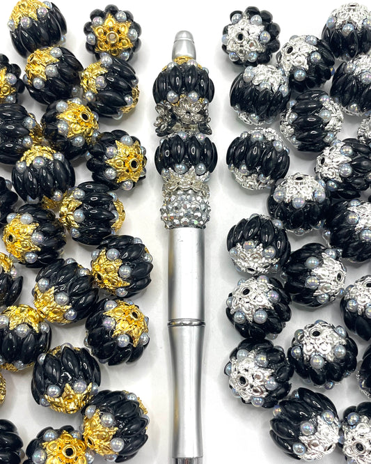 Fancy Beads  Metal beads Pearl bubbles Metal spacers Black Rhinestone Beads Random Mix 17mm
