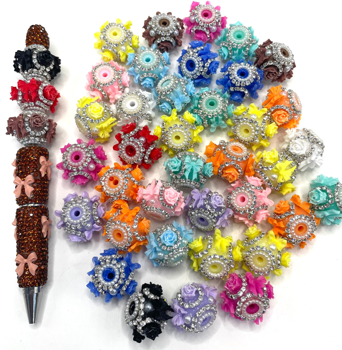 diy beaded beadable beady fancy bow beads ornaments with rose flower and rhinestone chain and pearl ,random mix