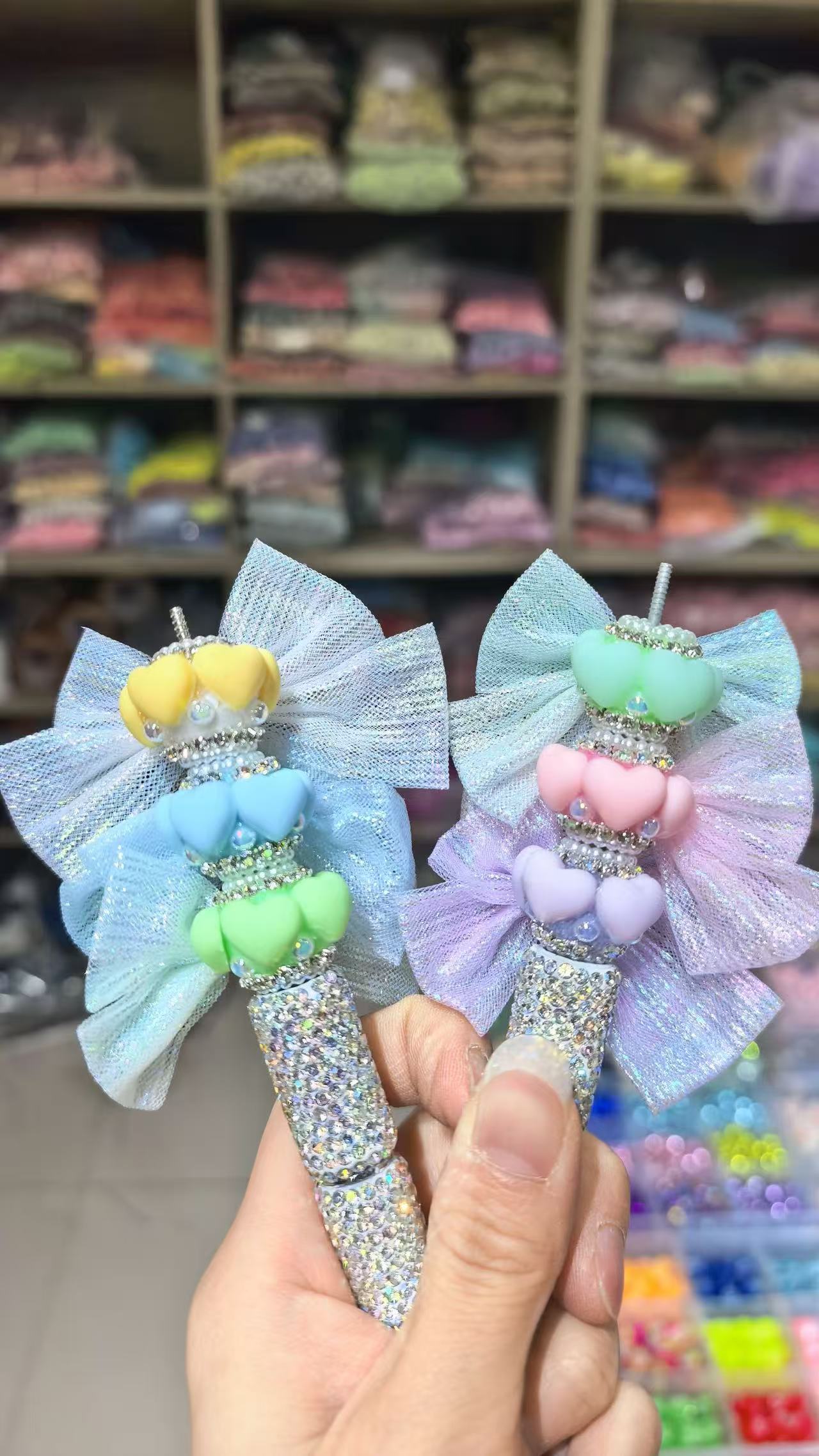 Beaded beadable Textile bead heart bow bead textile fabrica bow knot with fuzzy heart and pearl and rhinestone chain