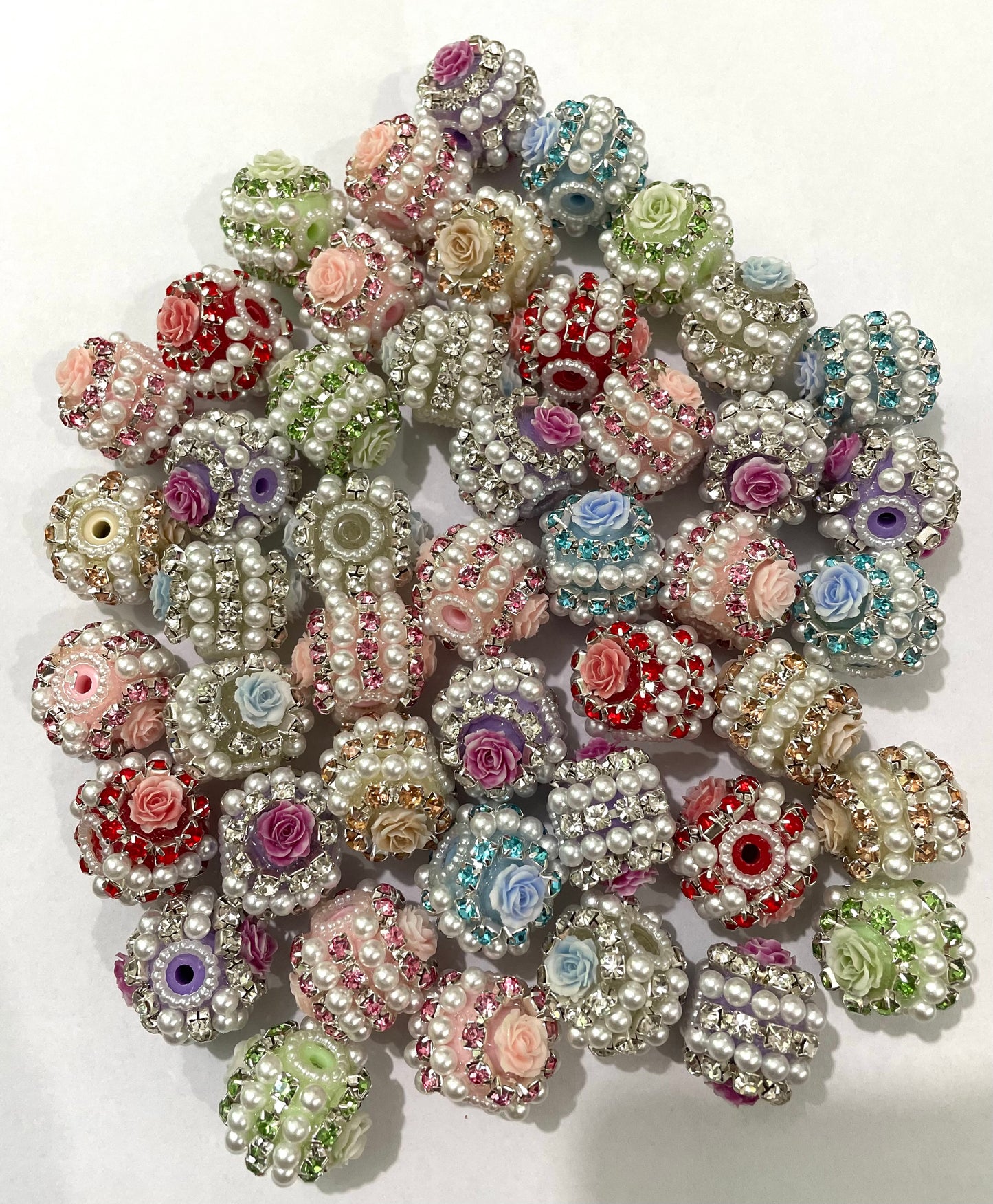 fancy bead acrylic base bead ornaments with rose flower rhinestone chain abs pearl ,colored ,random mix
