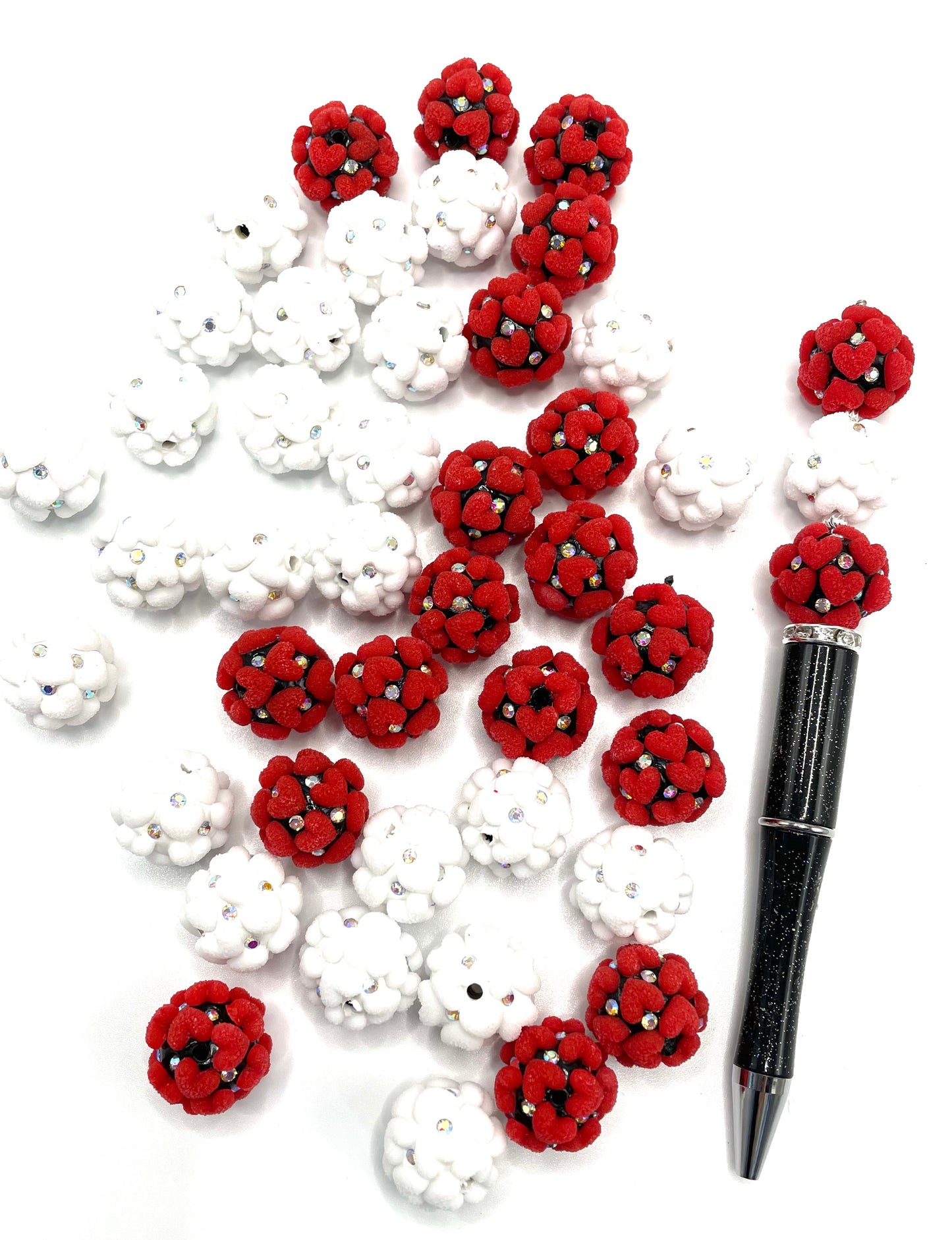 DIY beaded beadable fancy fuzzy flocked heart ornaments with rhinestone