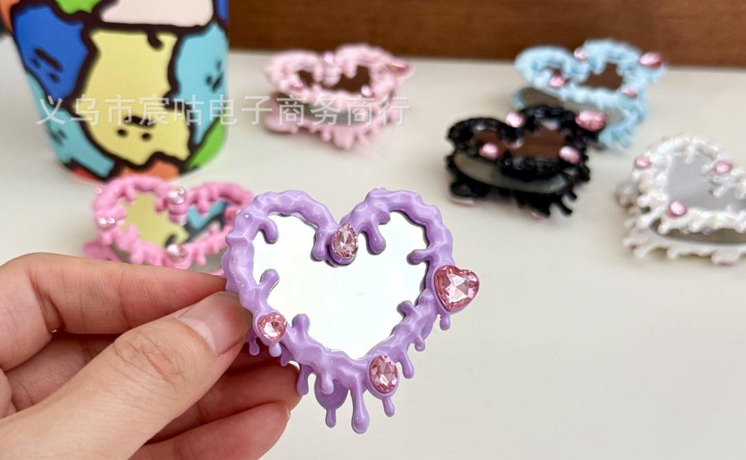 Beaded beadable fancy hand painting heart shaped mirror beads double size mirror ornaments with crystal heart