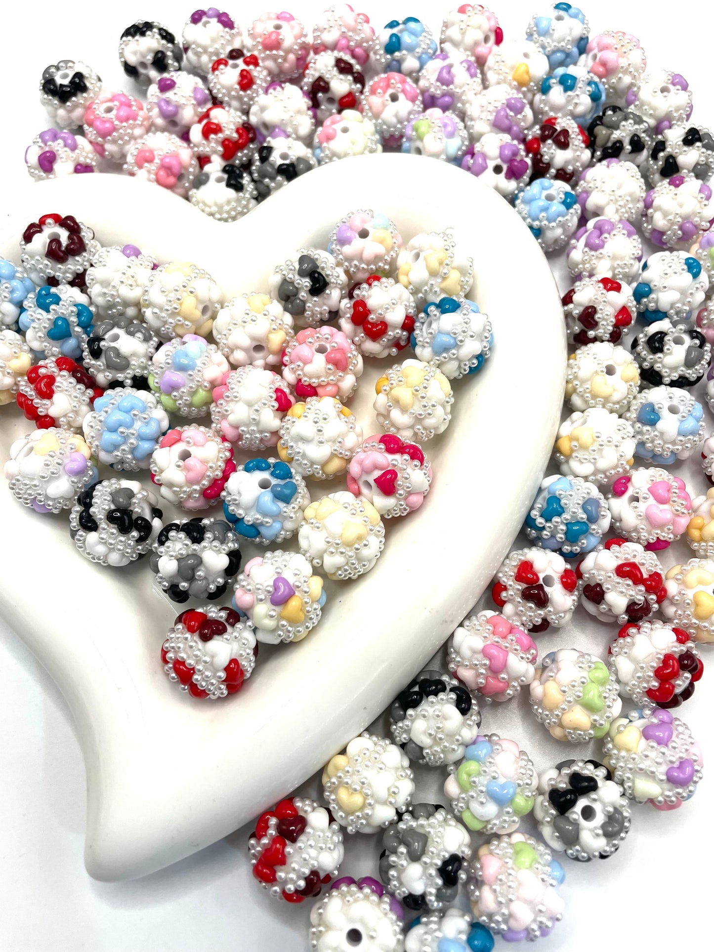 diy fancy heart bead ornaments with pearl for valentines clear base ,solid base，random mix