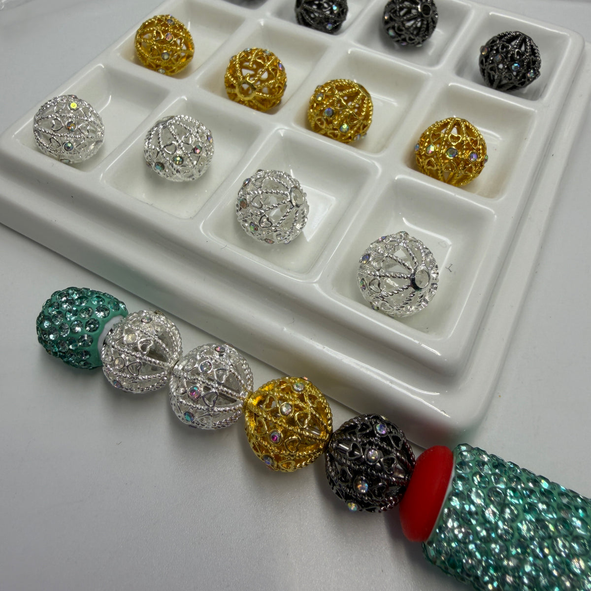 12mm fancy bead hollow beads with rhinestone small heart fancy beads