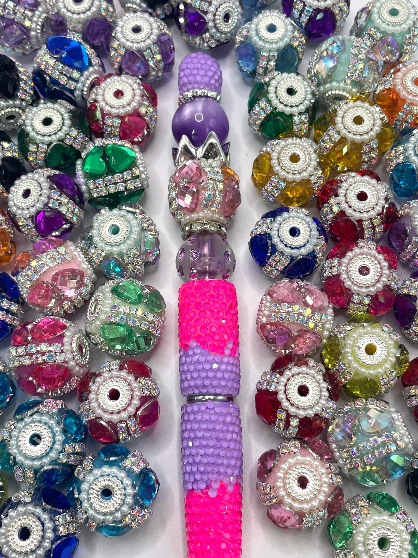 Fancy Beads Double chain Rhombic Colorful rhinestones Metal Spacers and pearl ring Acrylic beads 18mm Random Mix