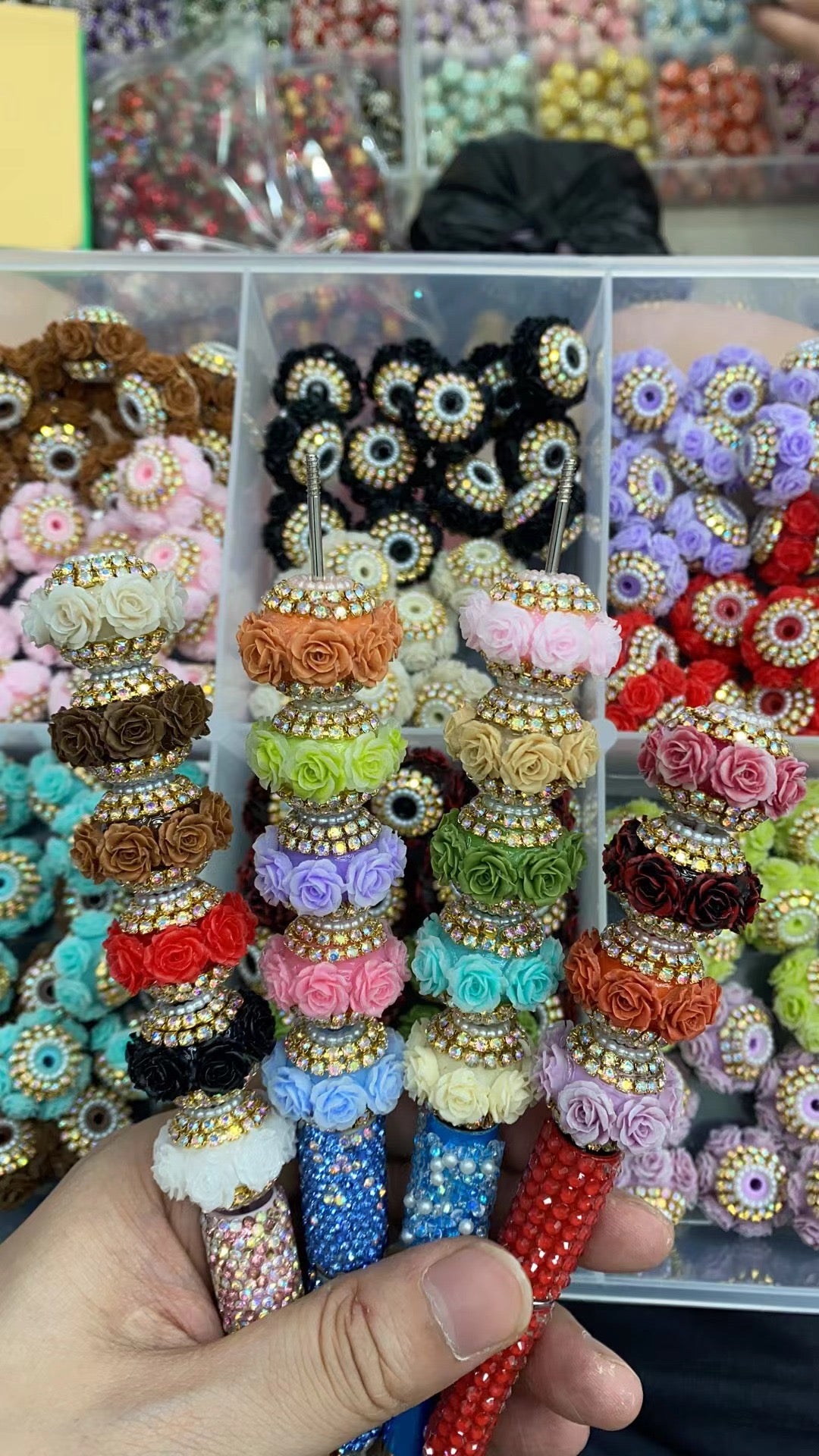 diy beaded beadable fancy rose flower beads ornaments with rhinestone chain and pearl