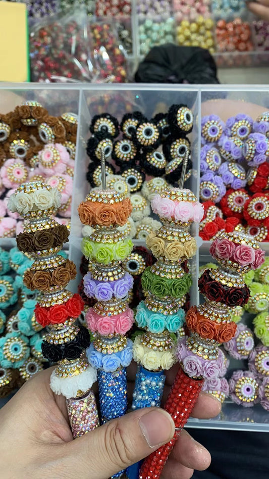 diy beaded beadable fancy rose flower beads ornaments with rhinestone chain and pearl
