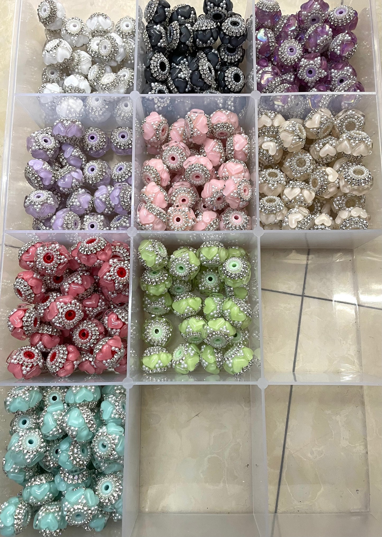 diy beaded beadable heart shape fancy beads ornaments with pearl and rihnestone chain,colored ,random mix