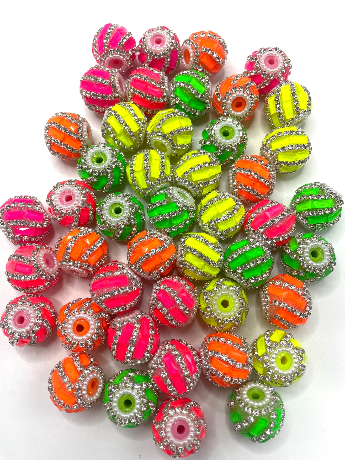 beaded beadable fancy Neon color beads mirror beads with silver rhinestone chain,random mix