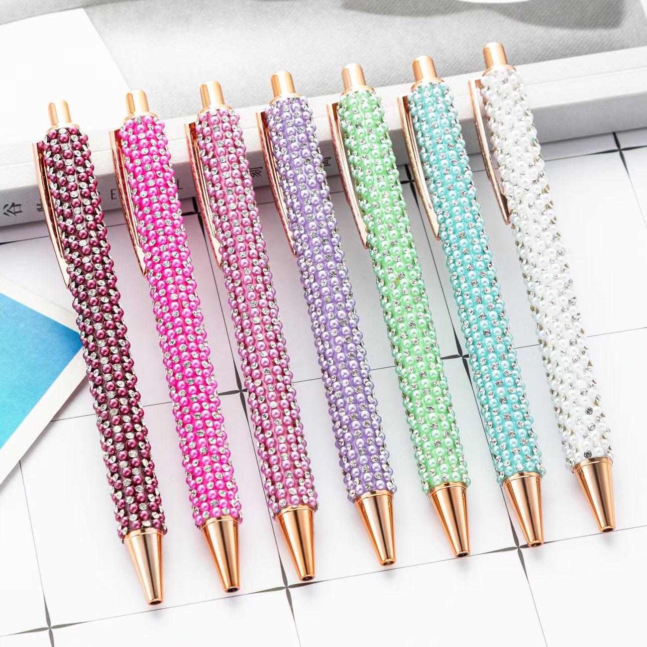 Pearl and Rhinestones Beadable Pen Soild Colorful Series,Random Mix