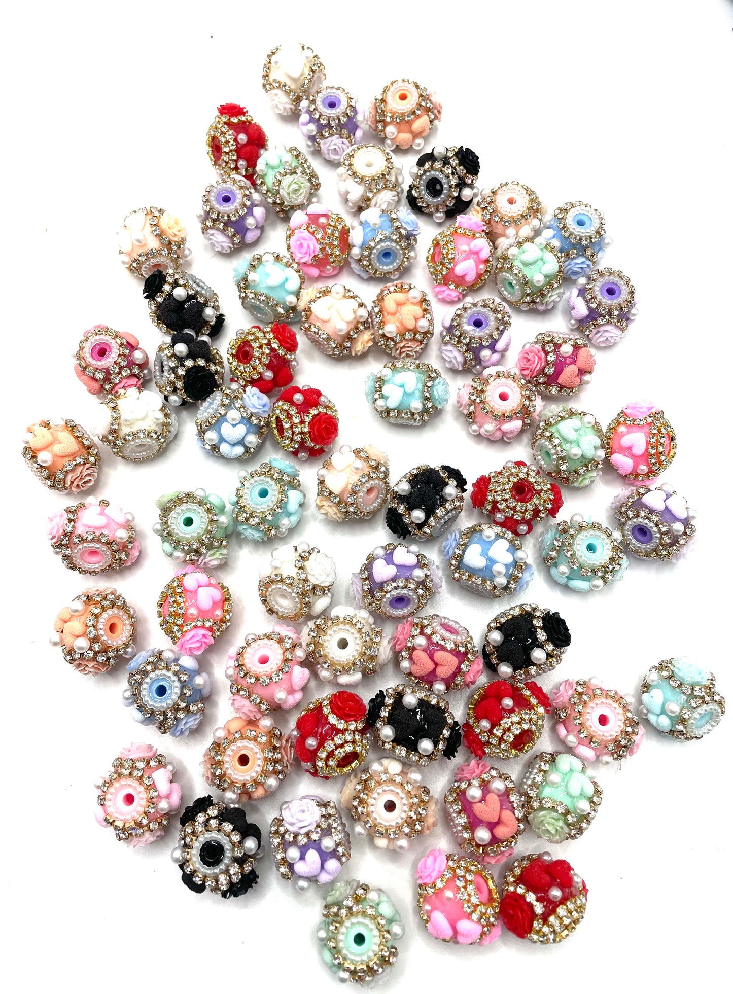 beaded beadable fancy heart beads with rose flowers ornamental with pearl and rhinestone chain,colored ,random mix