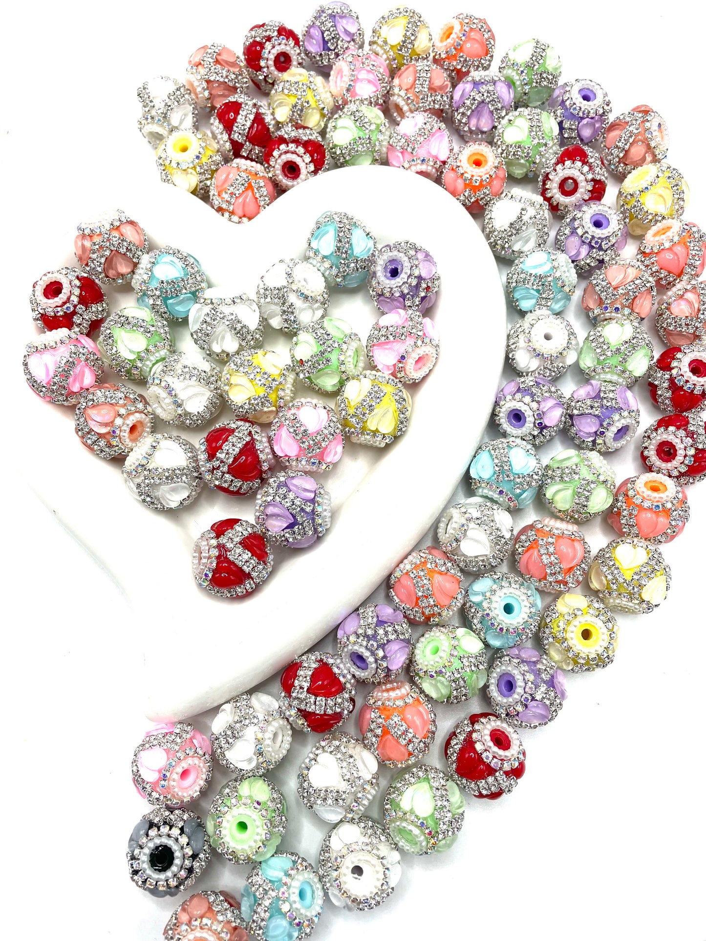 Beaded beadable fancy heart bead ornaments with double rhinestone chain and pearl ,colored ,random mix