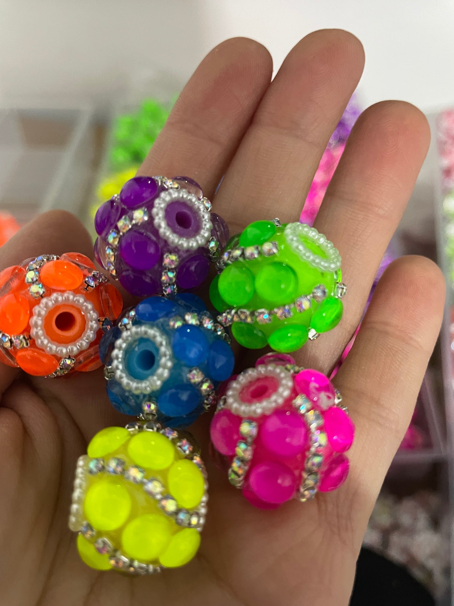 Neon bead bubble bead with silver rhinestone chain fancy bead