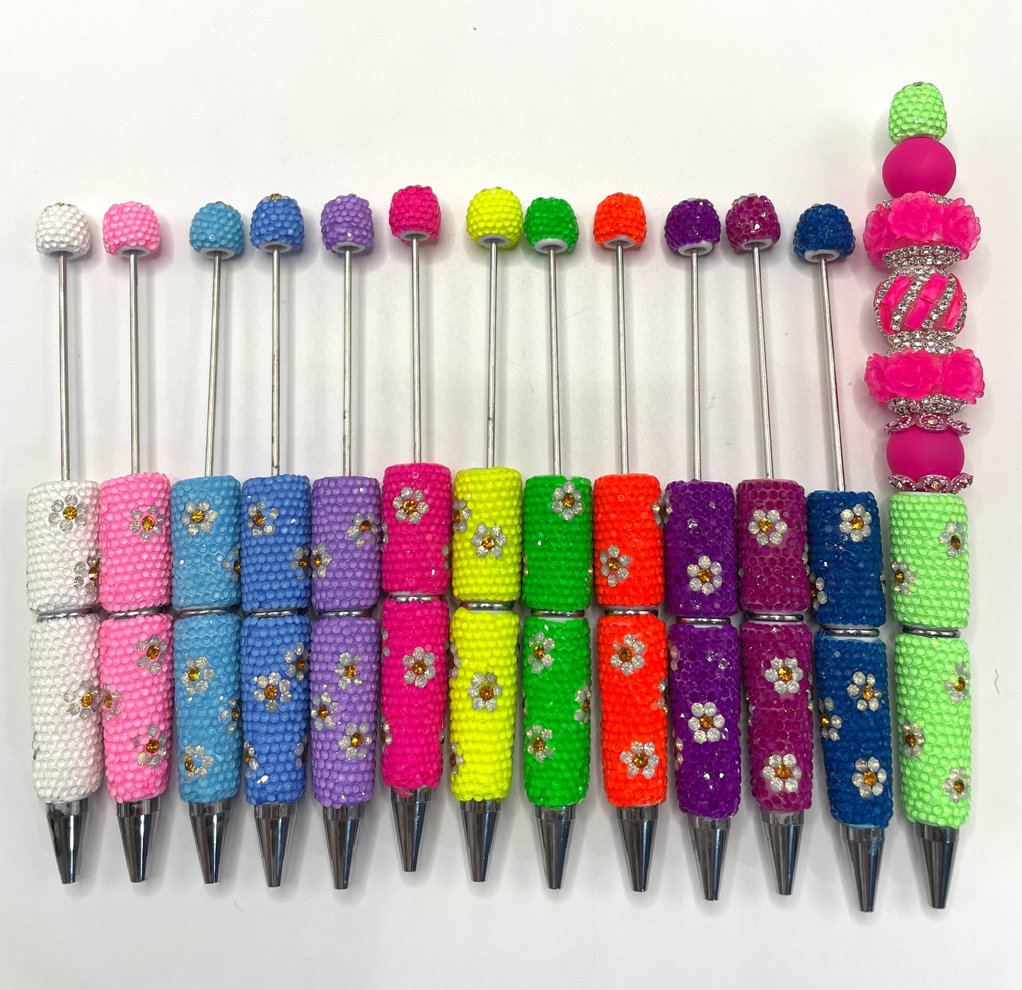 Beaded beadable fancy flower rhinestone pen neon color pen ,random mix