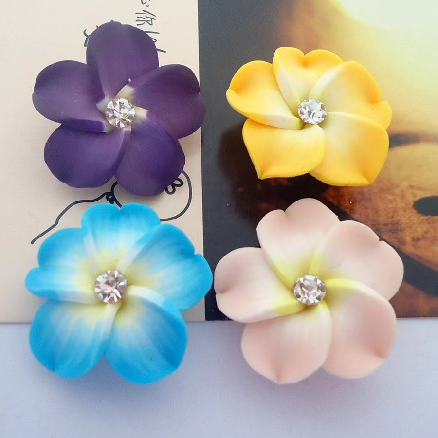 Soild Color Fancy Bead Polymer soft Clay Frangipani Flower with Rhinestones Beads Series,30mm