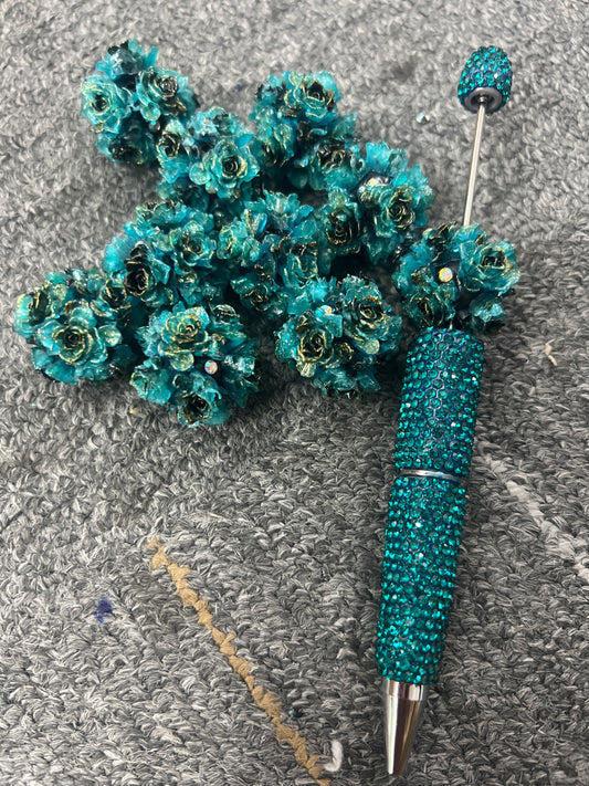 Flower beads clay beads with flower teal flower