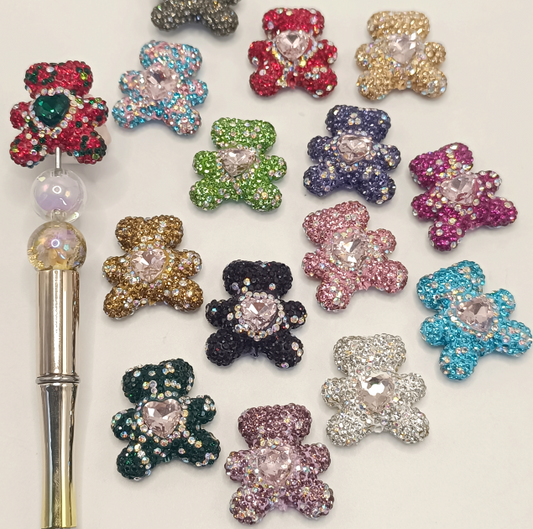 Cute Clay Bear Beads with Colored Rhinestones Crystal,Random Mix,30mm by 27mm