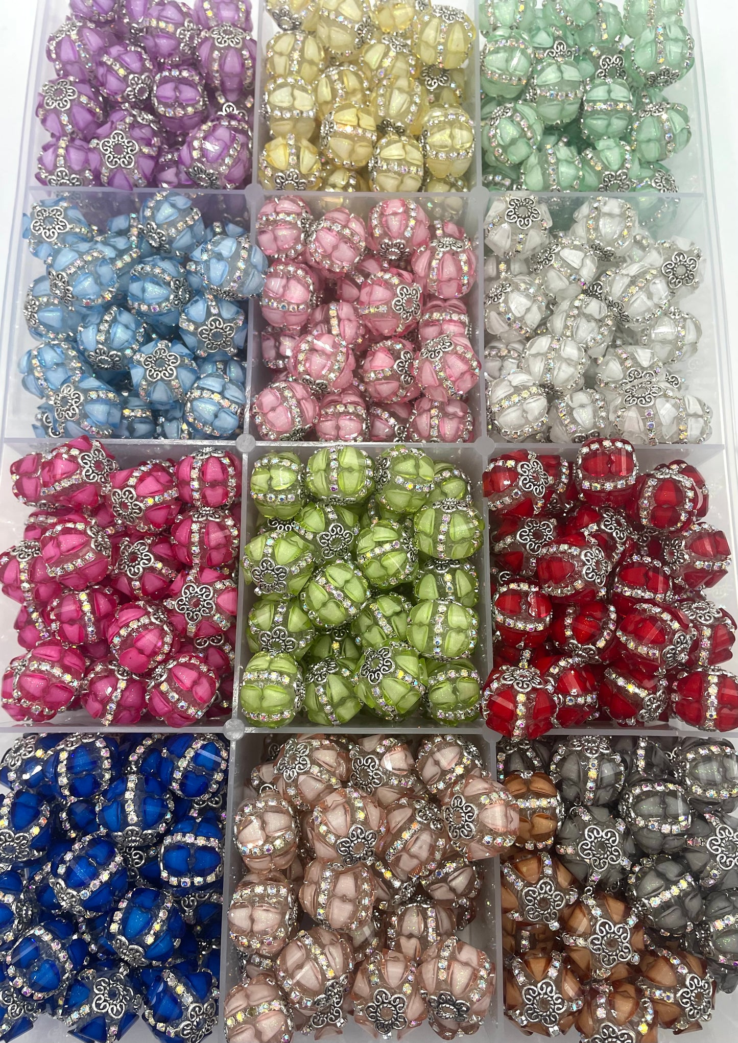 beaded beadable fancy lantern beads ornaments with rhinestones chain and metal bead cap ,random mix