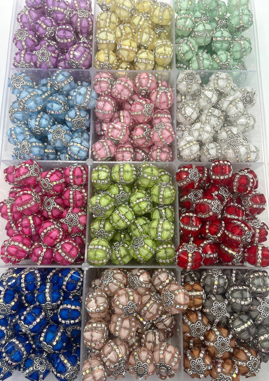 beaded beadable fancy lantern beads ornaments with rhinestones chain and metal bead cap ,random mix