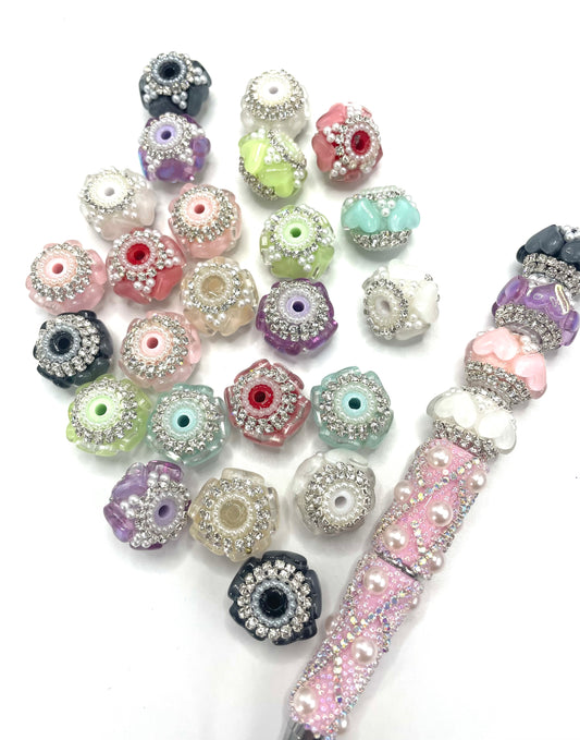 DIY acrylic fancy bead ornaments with glitter heart and rhinestone chain and pearl random mix