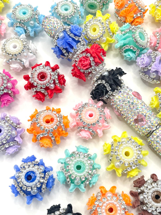 diy beaded beadable beady fancy bow beads ornaments with rose flower and rhinestone chain and pearl ,random mix