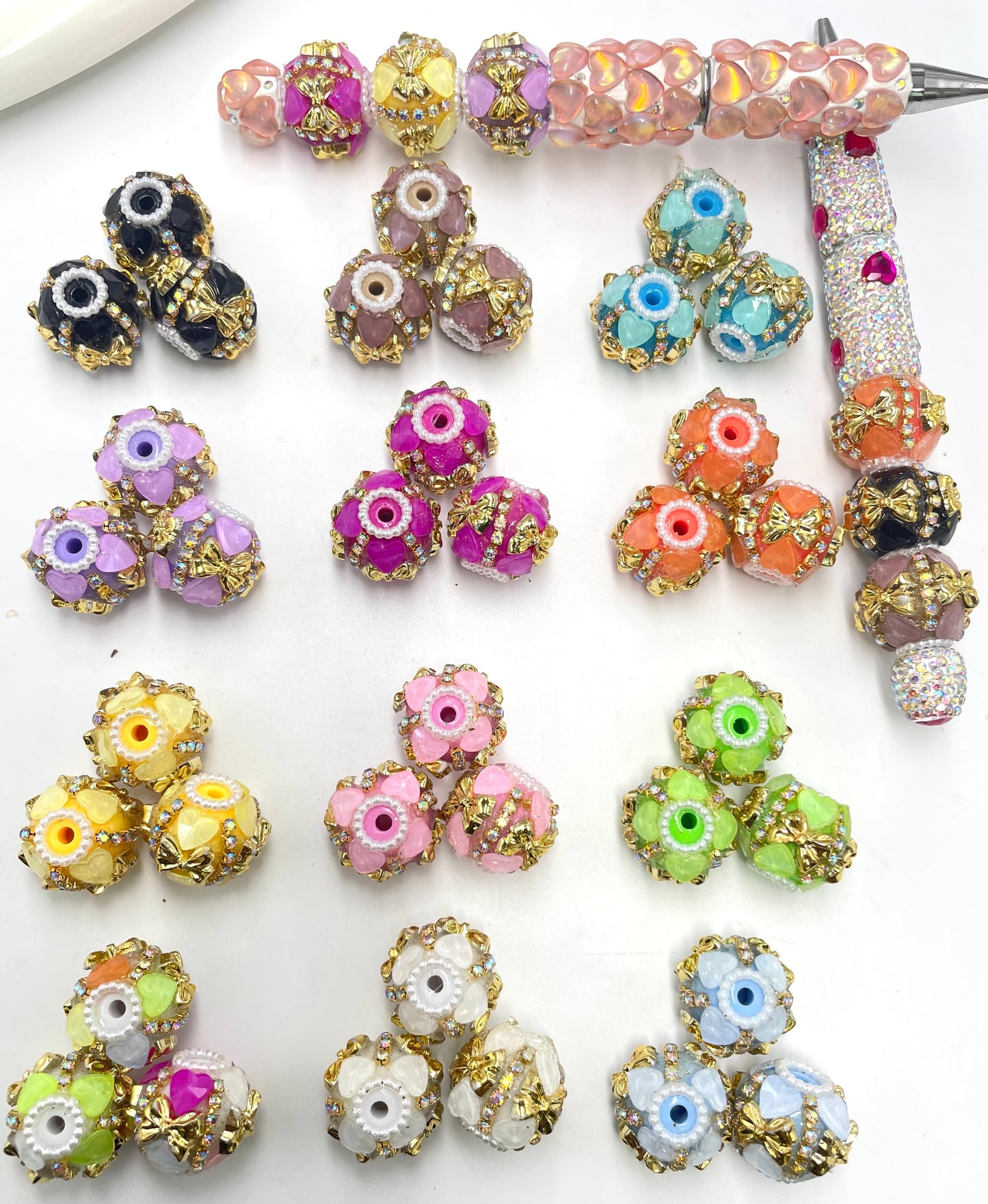diy  beaded beadable fancy bow bead ornaments with  golden color bow and rhinestone chain