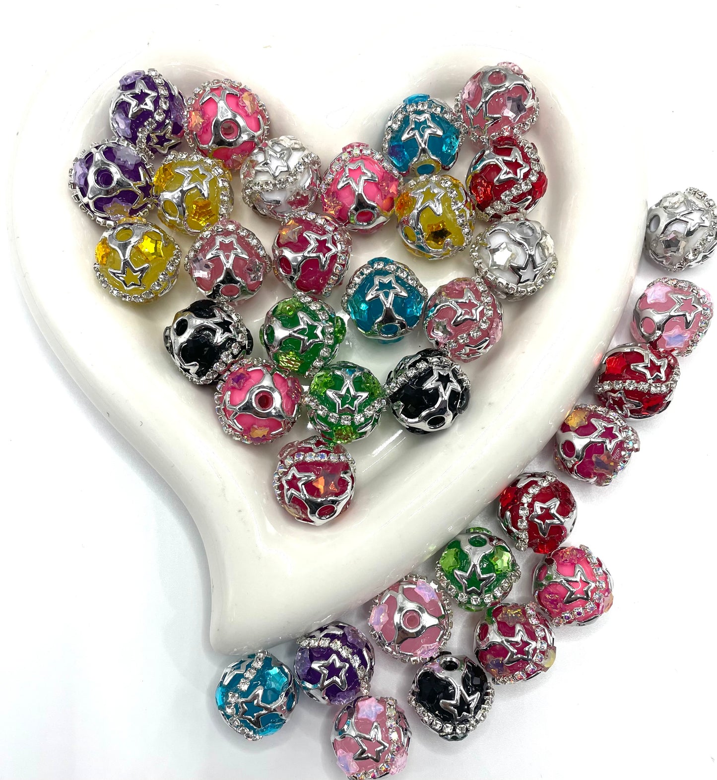 beaded beadable fancy star bead ornaments with silver color rhinestone chain and cover by metallic silver star bead cap,random mix