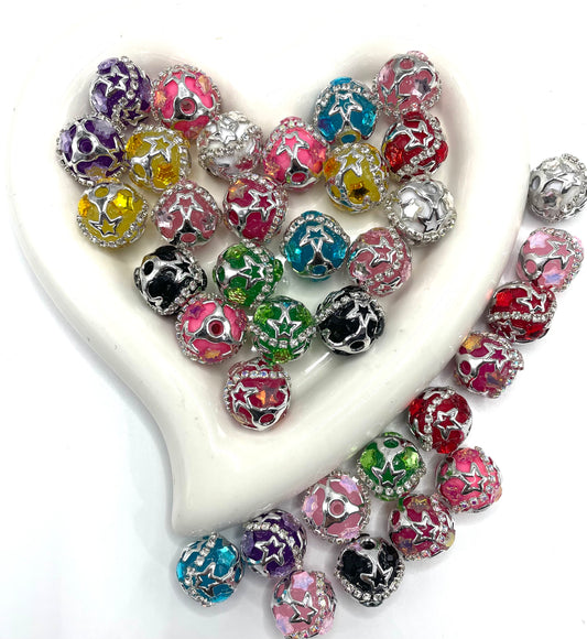 beaded beadable fancy star bead ornaments with silver color rhinestone chain and cover by metallic silver star bead cap,random mix