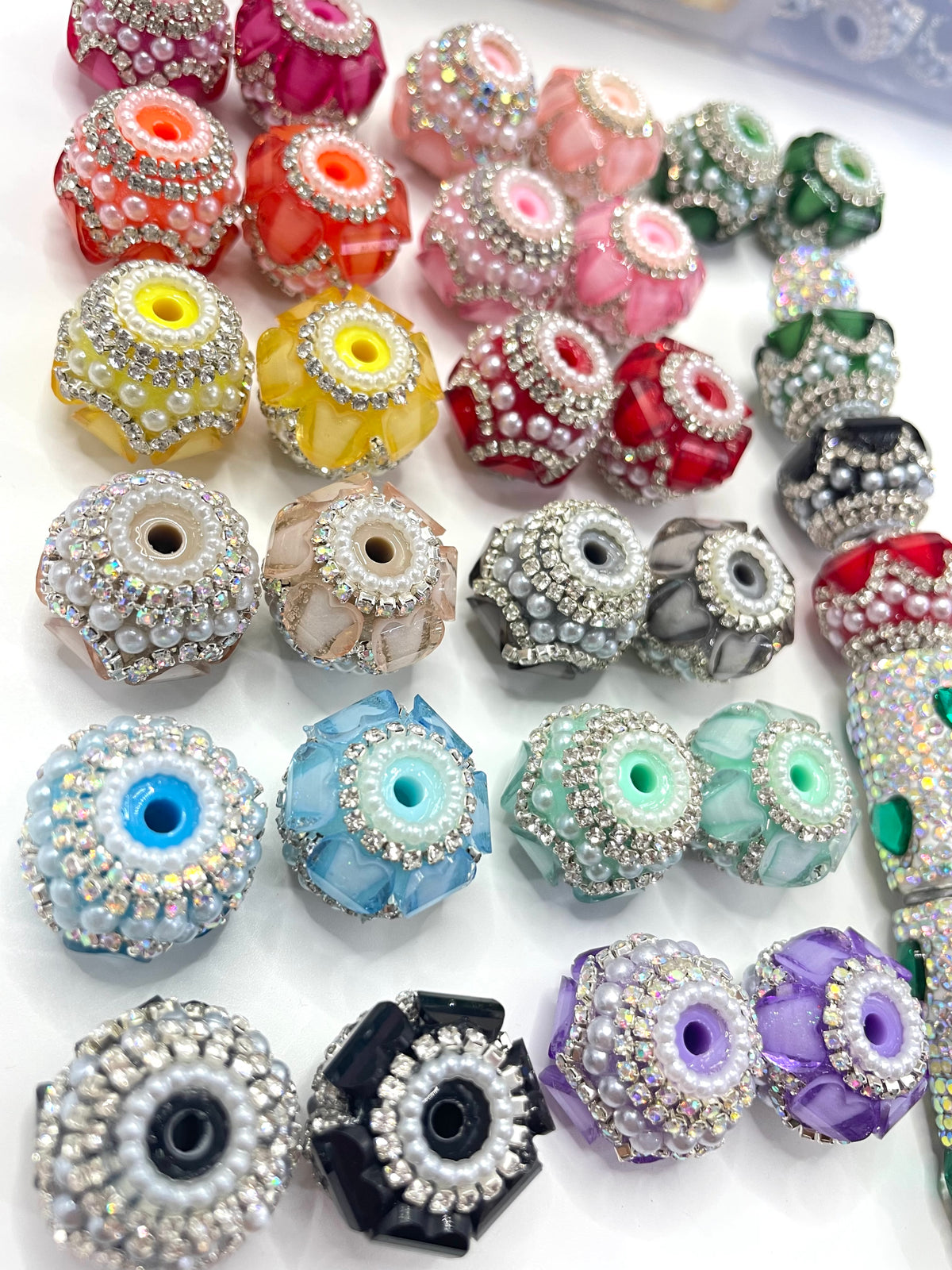 Beaded beadable fancy lantern heart beads ornaments with rhinestone silver color or gold color chain and pearl ,random mix